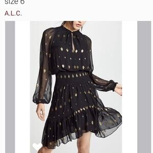 A.L.C. Sidney Silk Black Gold Metallic Flocked Chiffon Dress Long Sleeve Size 2